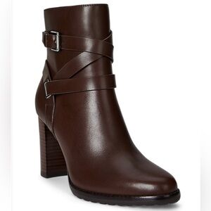 NEW Lauren Ralph Lauren Collins Calfskin Bootie Heel Dark Brown Size 9M NIB